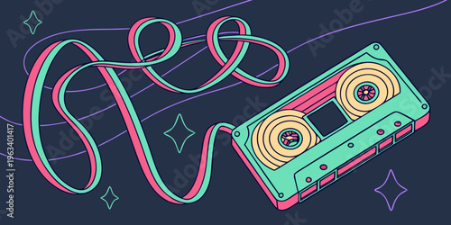 Vibrant 3D neon glowing cassette tape with futuristic curves and ribbon shapes floating in space with stars.