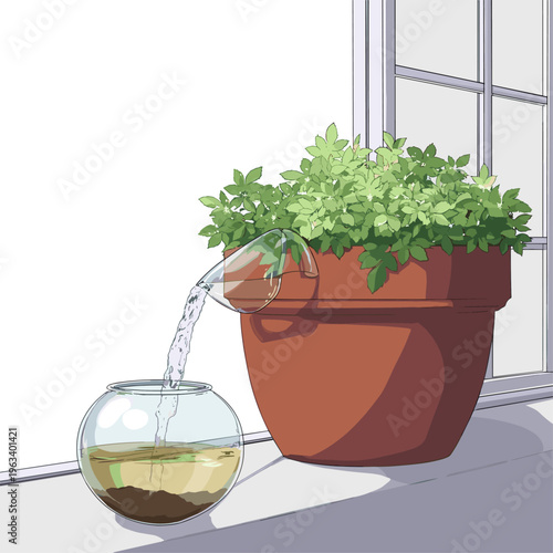 Sunlit Indoor Plant Watering Globe Illustration