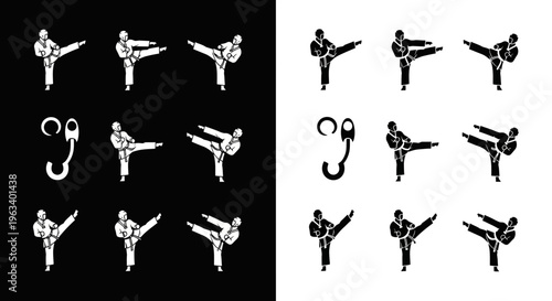 Karate Martial Arts Kicking Poses Icon Set