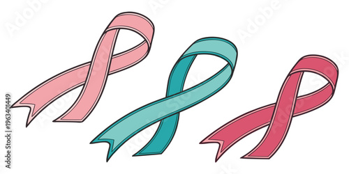 Set of 8 realistic 3D glossy ribbons in pink, teal, and red, curved and flowy, for awareness campaigns, decoration, and design elements.