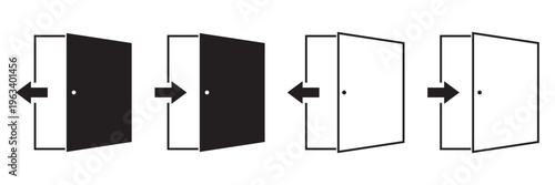 Professional login and exit icons with solid fill and outline variations for modern digital interfaces and user experience design.