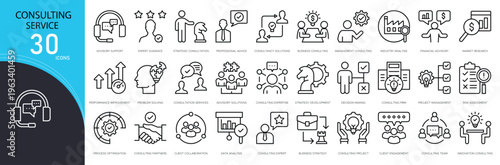 Consulting service icons set representing advisory, strategy planning, client support, analysis, problem solving, business solutions and professional guidance in clean outline style.