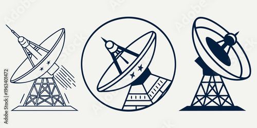 Collection of strategic missile radar icons in navy blue, depicting various satellite dishes and radar systems for defense and technology concepts.