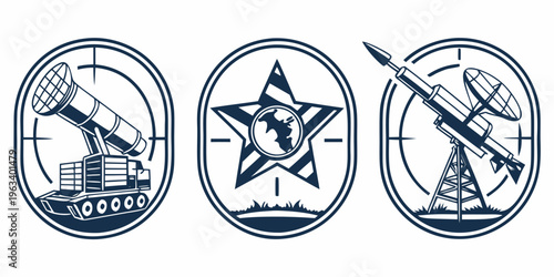 Set of strategic missile radar icons including satellite, rocket, and defense system graphics for military and technology concepts.