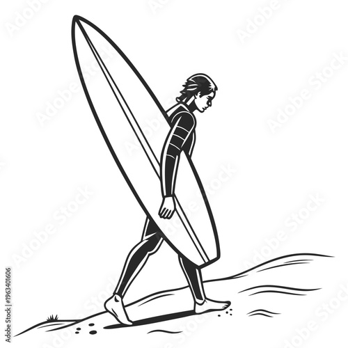 Man in wetsuit standing upright carrying surfboard on beach, minimal line art illustration for surfing and ocean sports concepts.