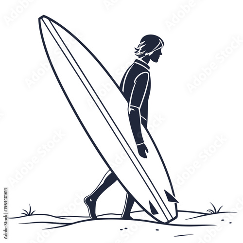 A surfer in a wetsuit stands upright on the beach holding a large surfboard, ready to hit the waves in a minimalist vector illustration.
