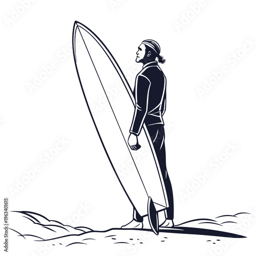 A man in a wetsuit standing on the beach holding an upright surfboard, looking out to sea, minimal vector illustration.