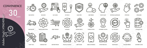 Convenience related icon collections. Containing service, ease, support, fast, comfort, tool, helpdesk, system, access, and solution icons.  Outline icons.