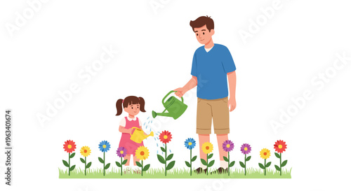 Illustration of a man and a little girl watering colorful flowers in a garden with a green watering can.