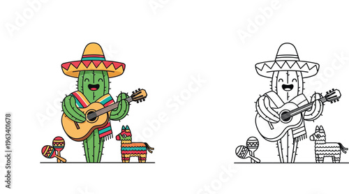 Mexican Cactus Character Playing Guitar with Pinata and Maracas, Color and Line Art Coloring Page Vector Illustration for Kids Fiesta Theme