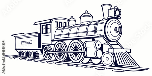 Side view of a vintage steam locomotive train engine in line art style, isolated on white background, illustration for coloring book, nostalgic transportation icon.