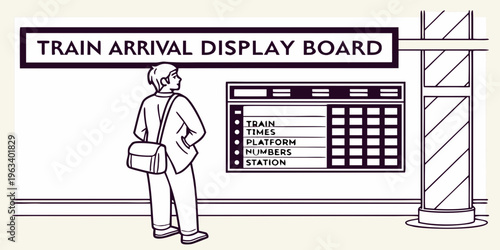Man waiting at train station, looking at arrival display board with schedule, line art style illustration for travel and transportation concepts.