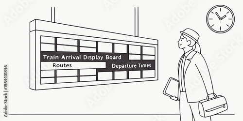 Line art illustration of a man waiting for train arrival at a station with display board and clock