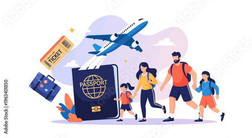 Family excitedly running towards airplane for vacation travel adventure.