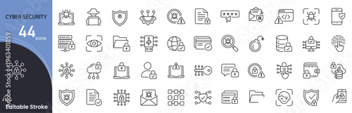 Cybersecurity related icon collections. Containing firewall, hacker, password, shield, virus, lock, encryption, malware, secure, network icons. Editable Stroke.