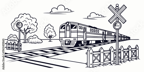 A black and white line art illustration of a train passing a railway crossing with a fence, trees, and clouds in the background, depicting a rural transportation scene.