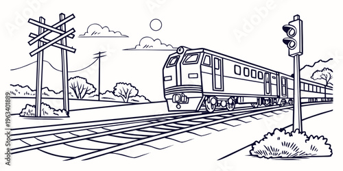 A black and white line art illustration of a train passing a railway crossing with a signal and traffic light on a sunny day with clouds and bushes.