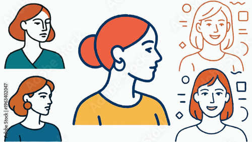 A vector collection of woman side profile and front profile. Avatar, icon, sticker, and more design needs