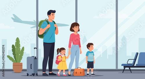 Family of four with luggage at airport terminal.