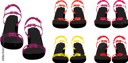 PrintCollection of stylish high-heeled platform sandals displayed showcasing various vibrant strap colors against a plain white background for fashion illustration.