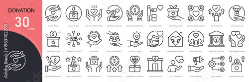 Donation related icon collections. Containing charity, giving, heart, hand, box, help, fund, support, nonprofit, and contribution icons.  Outline icons.