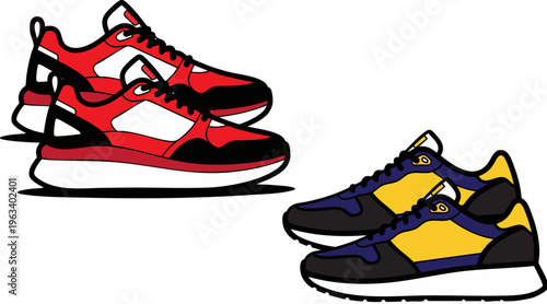 PrintPair of vibrant athletic running sneakers in contrasting red white black and blue yellow colorways displayed isolated on a clean white background for footwear concepts
