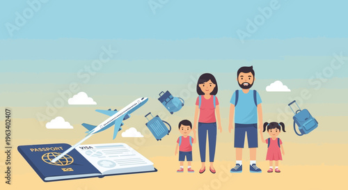 Family Ready for International Travel with Luggage and Passport.