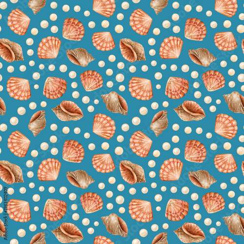 Watercolor background of shells and pearls, seamless pattern. Nautical style.