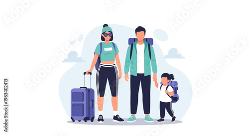Family ready for travel adventure with luggage.