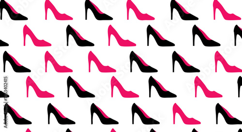 PrintThis chic and modern seamless pattern showcases repeated silhouettes of high-heeled stiletto shoes, artfully alternating between classic black and vibrant hot pink hues against a pristine white b