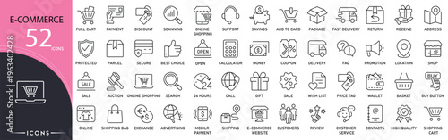 E-commerce related icon collections. Containing shopping cart, payment, online store, delivery, sale, product, mobile commerce, transaction, order, and digital shop icons. Editable Stroke. 