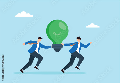 Flat illustration of employees carrying green lightbulb on relay baton run symbolizing shared ESG sustainability effort