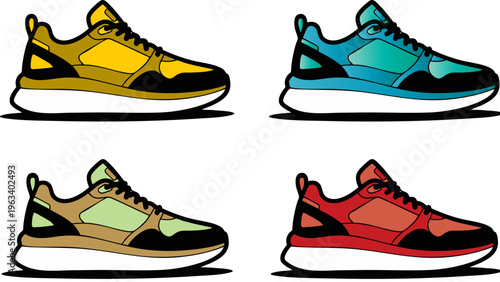 PrintThis vibrant vector illustration showcases four distinct athletic sneakers, each presented in a unique and appealing color scheme, perfect for modern footwear design, sports apparel marketing, ac