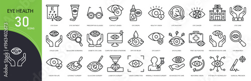 Eye health related icon collections. Containing eye, glasses, vision, test, lens, optometrist, care, clinic, checkup, and sight icons. Outline icons.