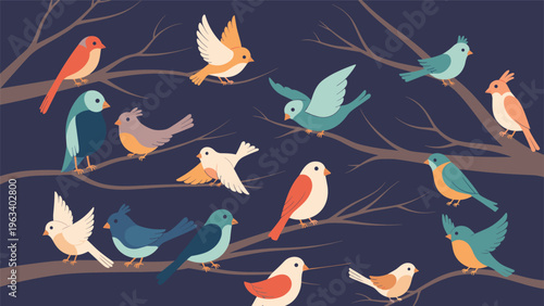 Large collection of vibrant and colorful birds of various species perched on bare tree branches against a dark blue evening background sky.