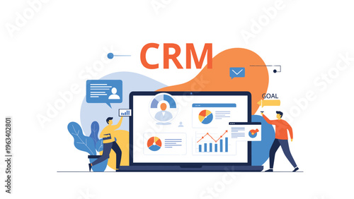 Professionals managing customer relations through a CRM software dashboard on a laptop with data visualizations and growth goal indicators.