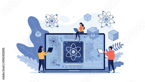 Team of technical specialists working on quantum computing and data analysis using a laptop with a large atom symbol on the screen display.