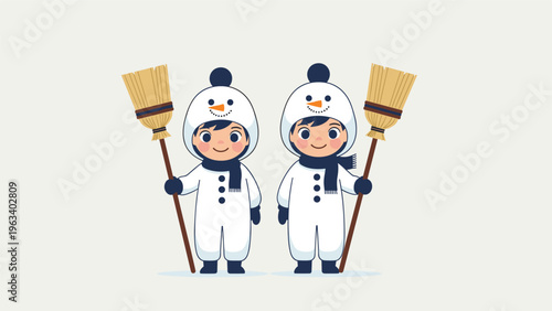 Adorable kids in cute snowman outfits holding brooms and smiling together in a festive winter illustration suitable for holiday decorations.