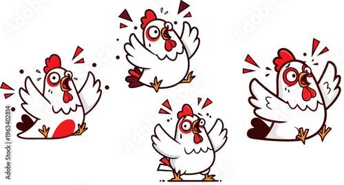 PrintA set of four adorable cartoon chickens displaying various expressions of shock, surprise, and absolute alarm, perfect for conveying humorous or unexpected situations in a playful and engaging ma