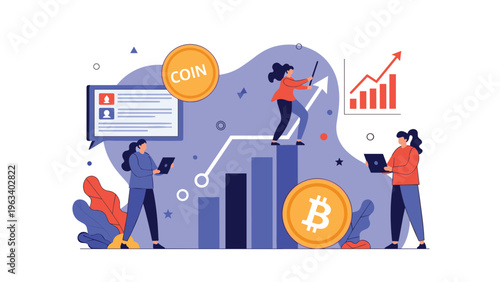 Business team analyzing cryptocurrency market trends and financial growth using bar charts and large bitcoin coin icons on a blue backdrop.