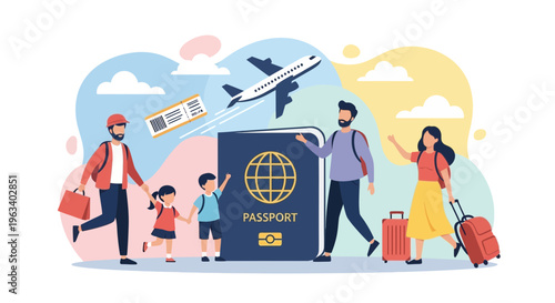 Family Traveling Together With Luggage And Passport.