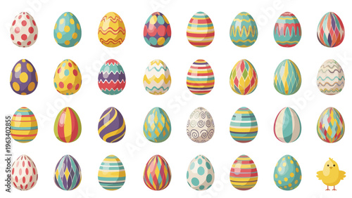 Large grid of various patterned and colorful Easter eggs with a tiny yellow chick in the corner for a fun festive holiday background image.