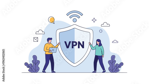 Male and female characters standing next to a large security shield with vpn text for virtual private network protection.