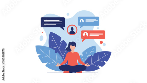 Woman sitting in a meditation pose surrounded by blue leaves and social media communication icons to find inner peace.