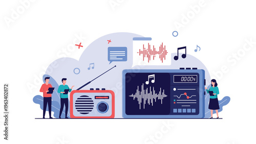 Small people interacting with large vintage radio and digital audio equipment showing sound waves and musical notes.