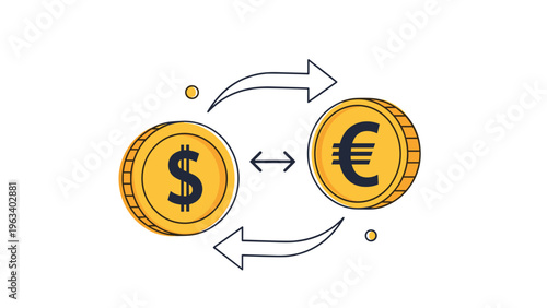 Currency exchange concept featuring gold coins with dollar and euro symbols connected by circular directional arrows.