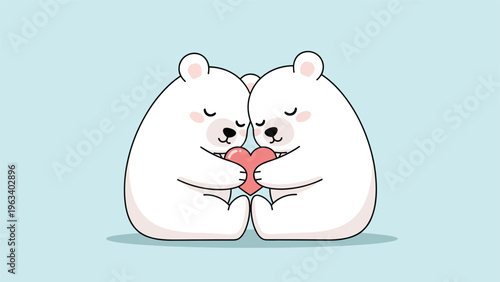 Cute illustration of two white polar bears sitting close together while holding a pink heart symbol on blue background.