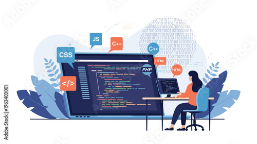 Female software developer working at a computer surrounded by floating bubbles of different programming languages.