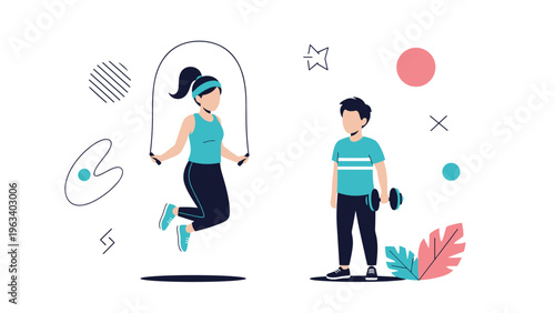 Fitness and exercise concept with a woman jumping rope and a young boy lifting a dumbbell for a healthy lifestyle.