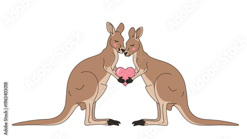 Cute illustration of two kangaroos facing each other while holding a pink heart symbol on a white background.